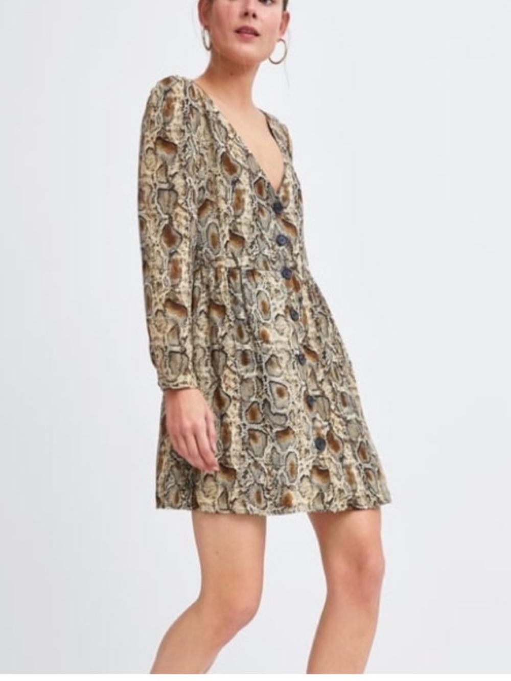 Zara Snake Print Button-Front Mini Dress in Brown
